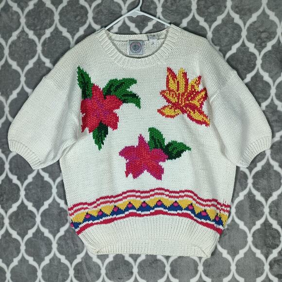 Vintage Cape Isle Knitters Sweater Womens Large Short Sleeve Floral 80s Knit - Picture 9 of 9